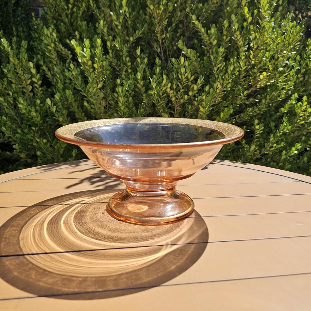 Vintage Pink Depression Glass Gold Encrusted Rim Compote Bowl